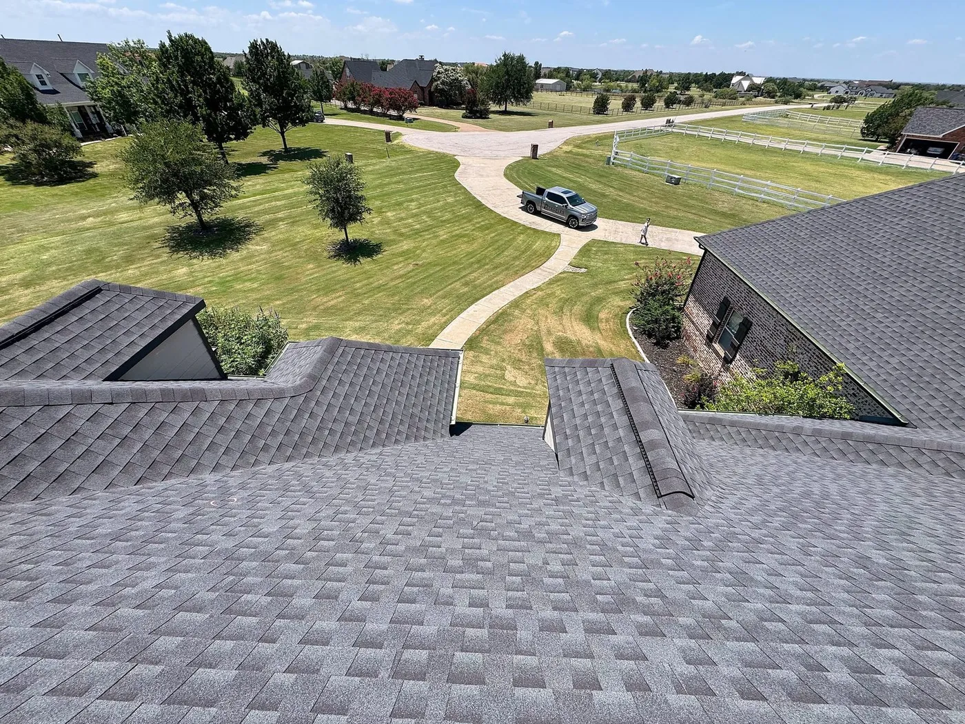 Large Celina home with a complex roofline overlooking open ground